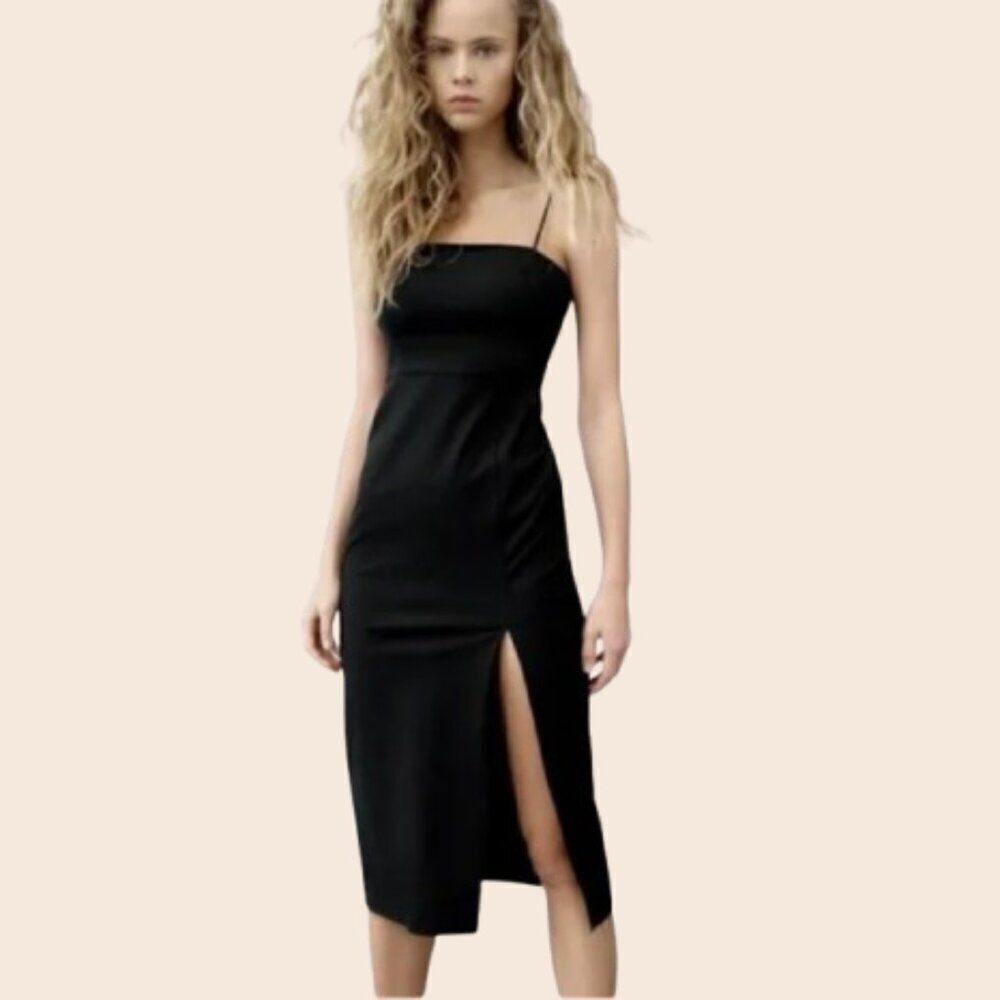 Zara Black Lightweight Midi Dress with Thigh Split Size Small